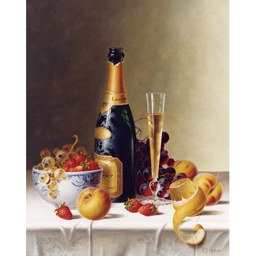 Still Life with Champagne & Fruit on a Tablecloth